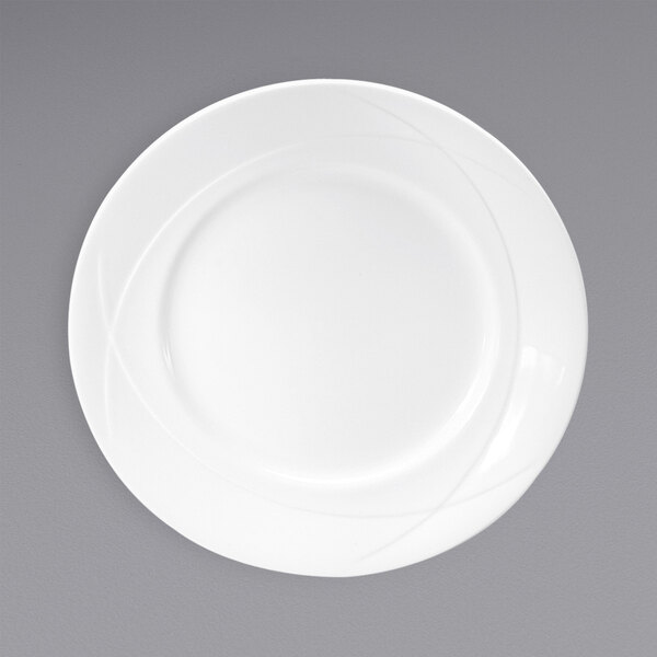 A white Oneida Vision bone china plate with a circular design on it.