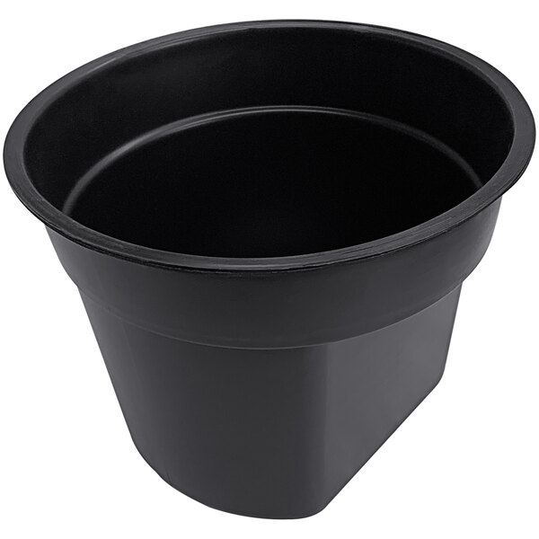 A black plastic Delfin wet shut-off pot with a lid.