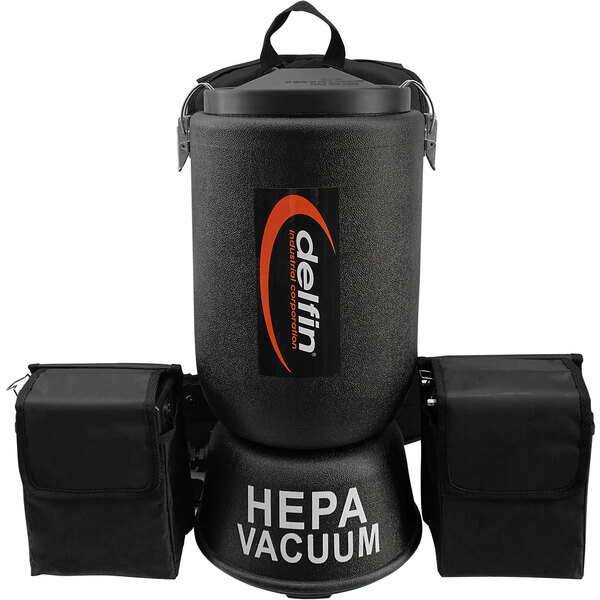 A black Delfin Industrial Pro HEPA cordless backpack vacuum.