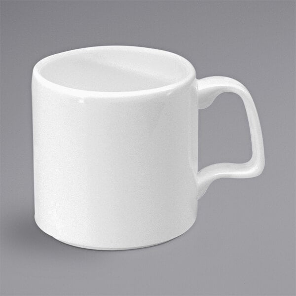 A white Oneida bone china mug with a handle.