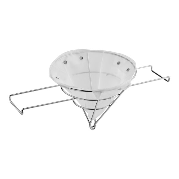 A Fryclone cone-shaped white filter bag with metal snaps on a metal stand
