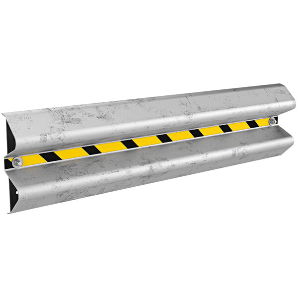 A close-up of a Vestil galvanized steel wall mount guard rail with a yellow and black striped barrier.