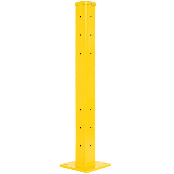 A yellow rectangular Vestil rail post with black holes.