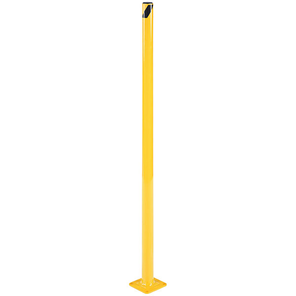 A yellow steel safety bollard with a black handle.