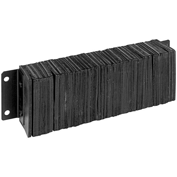 A stack of black rectangular Vestil laminated rubber dock bumpers.