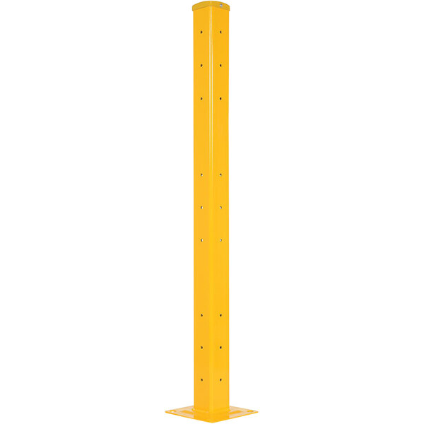 A yellow rectangular Vestil rail post with 3 holes in it.