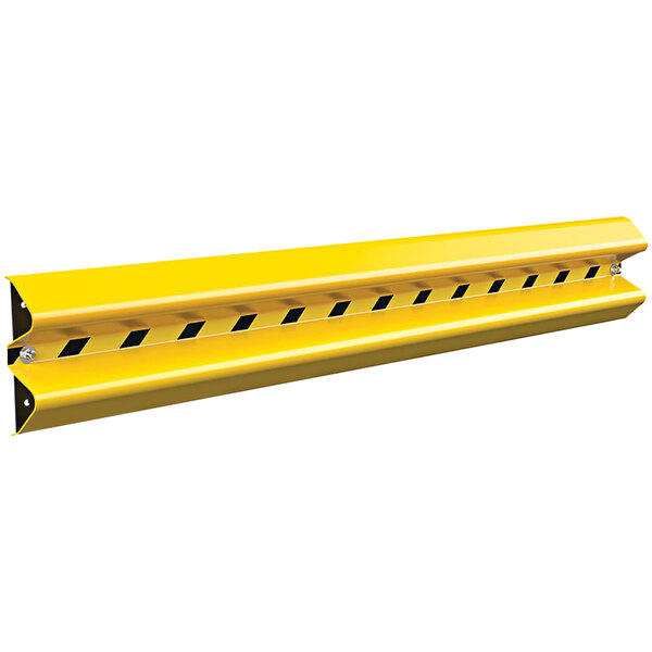 A yellow metal Vestil wall mount guard rail with black stripes.