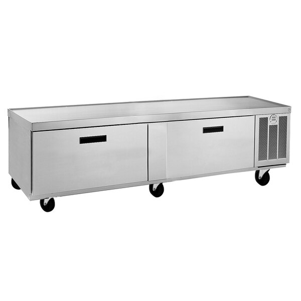 A Delfield stainless steel chef base with two drawers.