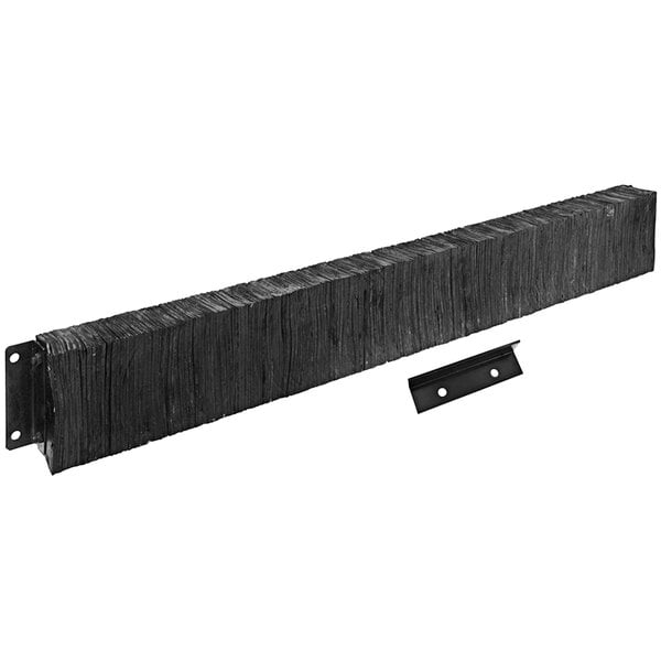 A black rectangular rubber dock bumper with a black metal bar.