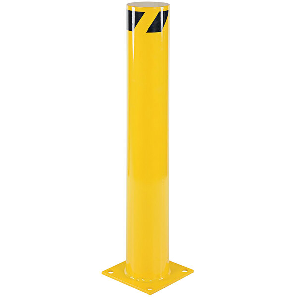 A yellow Vestil steel safety bollard with black stripes.