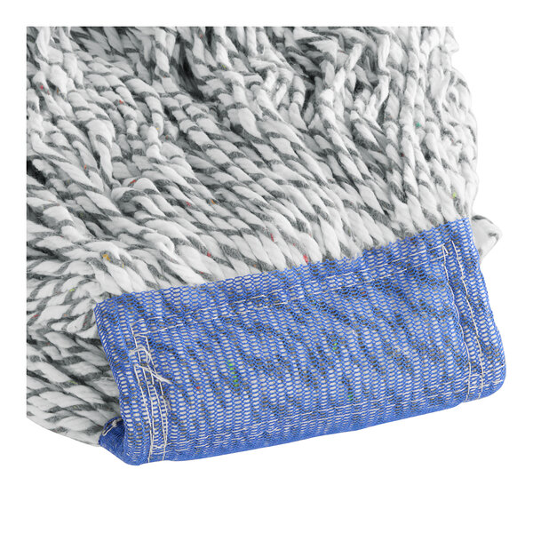 A close up of a blue and white Lavex wet mop head.