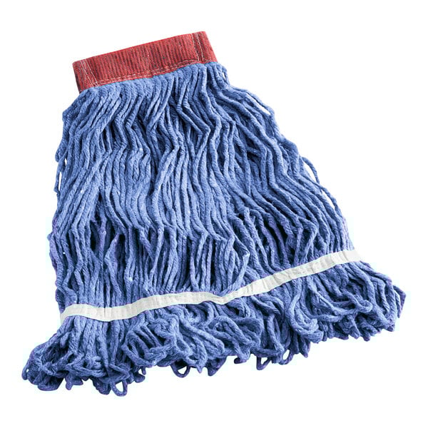 A blue mop with a white stripe on the headband.