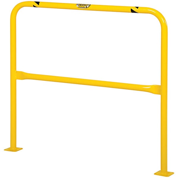 A yellow metal Vestil machinery and rack guard with black and yellow markings.