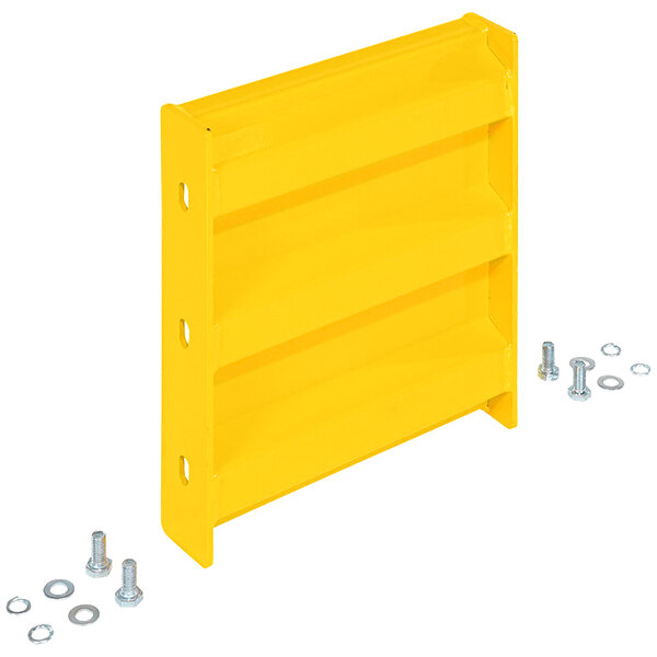 A yellow metal Vestil guard rail piece with bolts and washers.