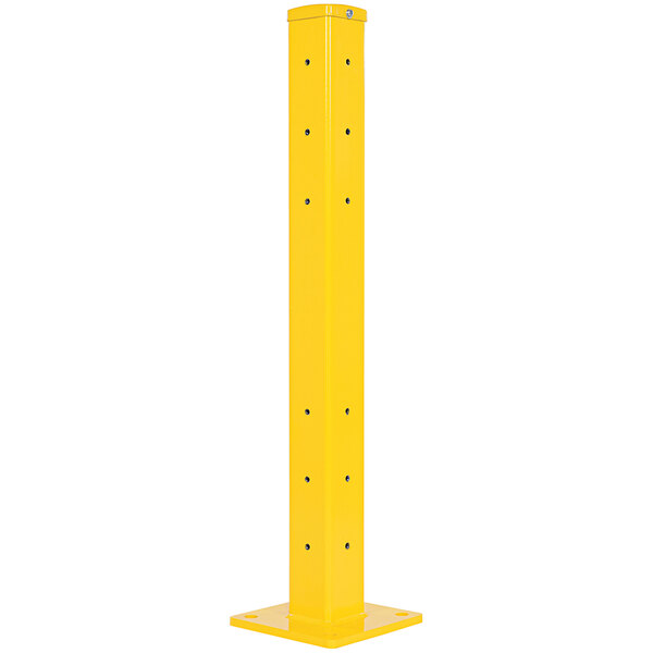 A yellow Vestil rail post with bolt holes.