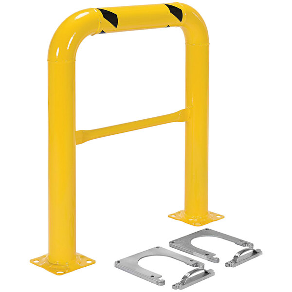 A yellow metal guard with two metal brackets.