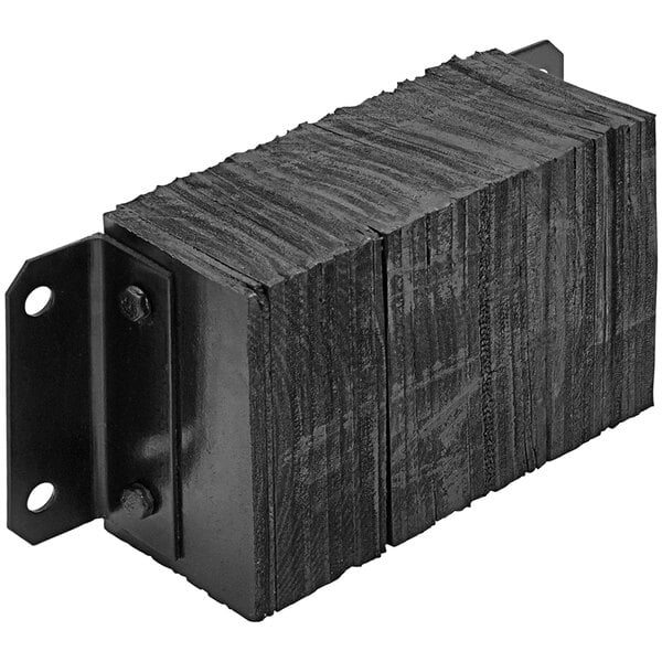 A black block of wood with a bolt in it.