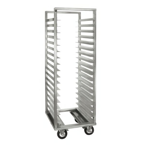 A Cres Cor metal roll in refrigerator rack with shelves on wheels.