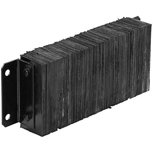 A black rectangular Vestil laminated rubber dock bumper with holes.