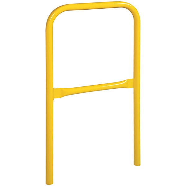 A yellow steel safety railing with metal bars.