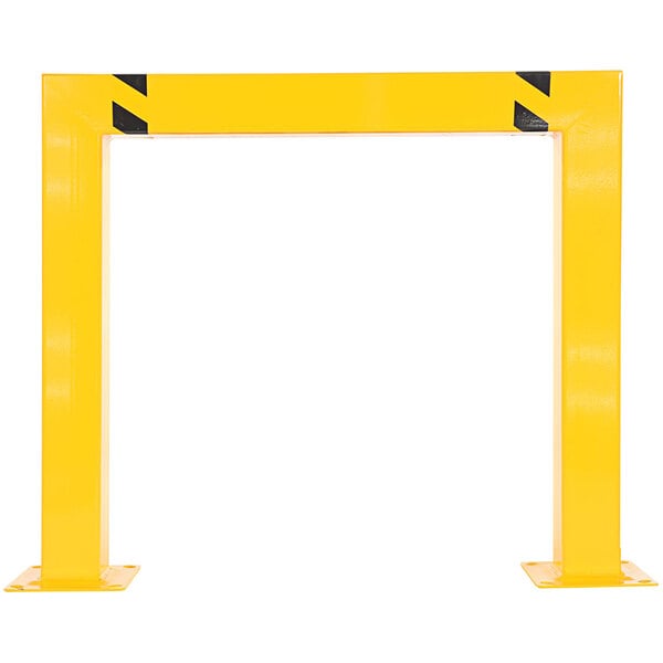 A yellow metal square with a white border and black stripes.