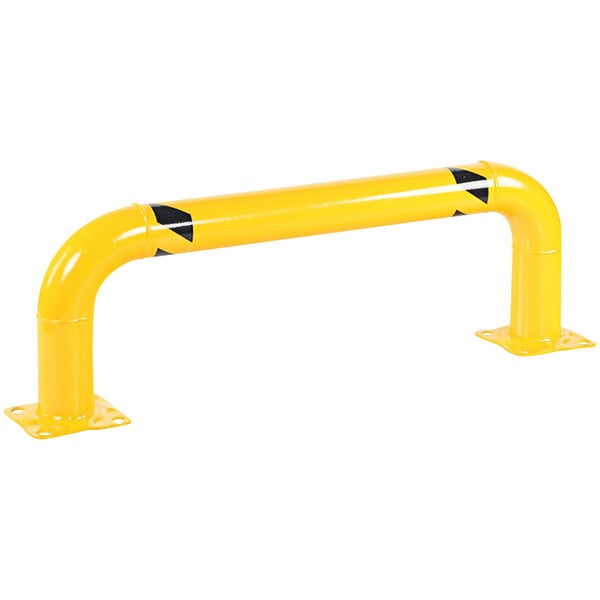 A yellow Vestil low profile machinery and rack guard with black triangles on it.