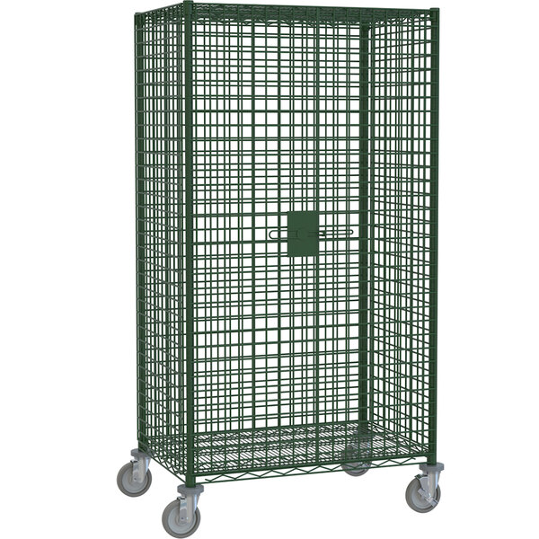 A green wire cage on wheels with Metroseal 3 finish.