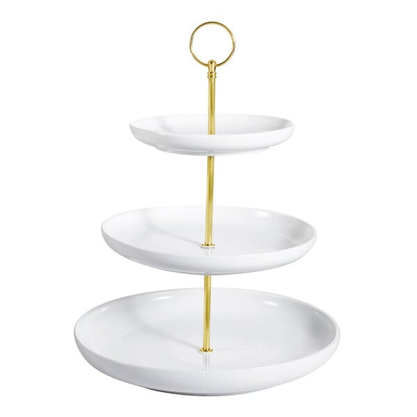 A close up of a white CAC porcelain 3-tier display stand with metal poles.