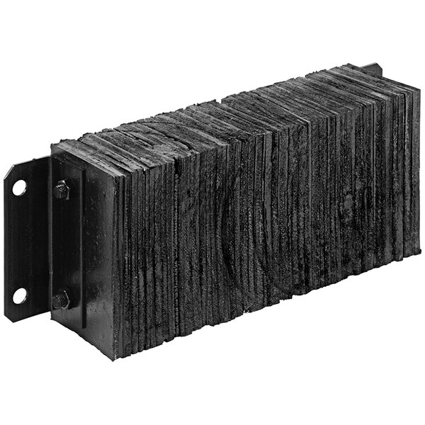 A black rectangular Vestil laminated rubber dock bumper with holes.