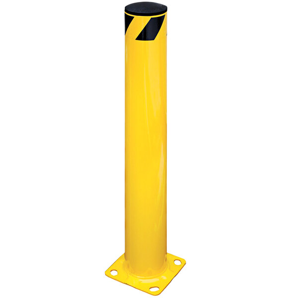 A yellow steel bollard with black stripes.
