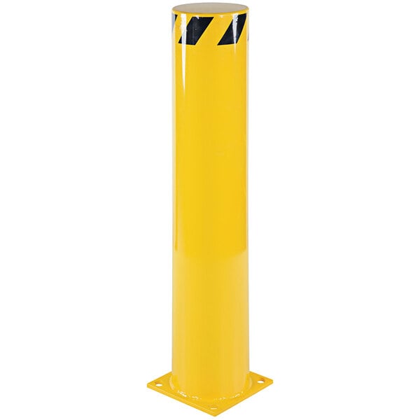 A yellow Vestil steel safety bollard with black stripes.