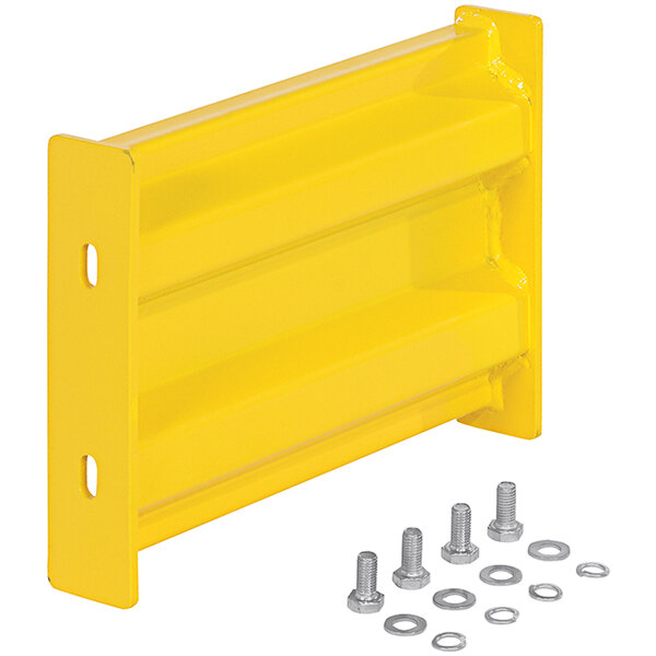 A yellow metal Vestil bolt-on guard rail piece with screws and bolts.