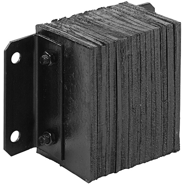 A black rectangular Vestil laminated rubber dock bumper with screws.
