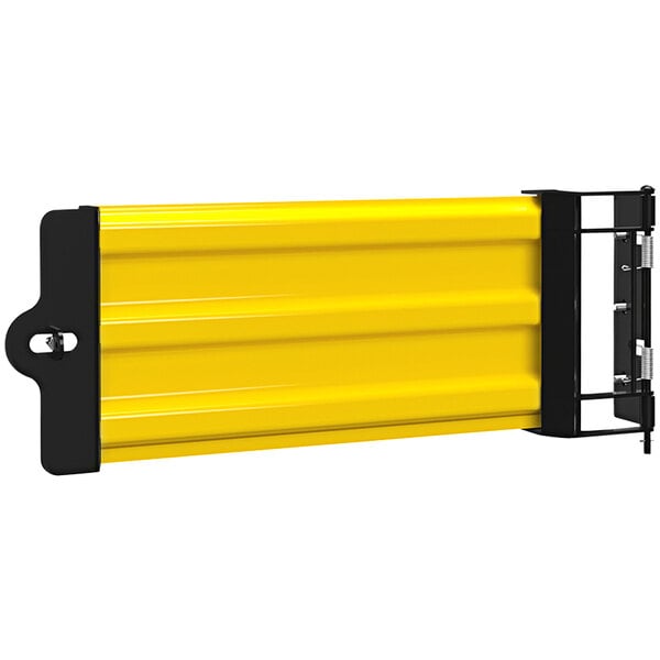 A yellow and black metal swing gate with a metal handle.