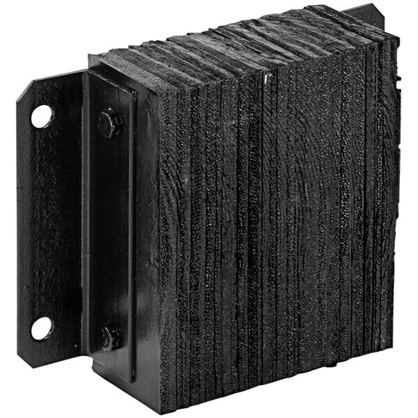 A black rectangular Vestil rubber dock bumper with holes.