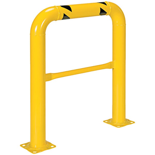 A yellow steel machinery and rack guard with black and yellow safety stripes.