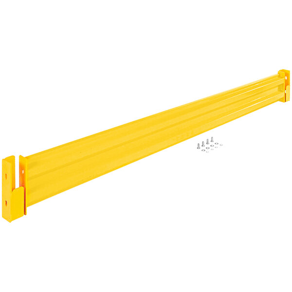 A yellow metal Vestil drop-in guard rail with holes for screws.