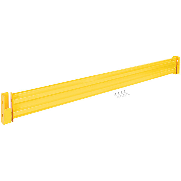 A yellow metal Vestil drop-in guard rail with 2 ribs and screws.