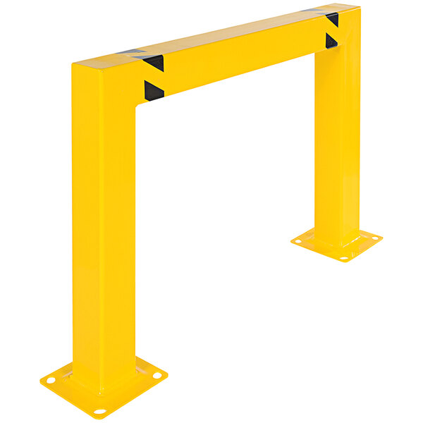 A yellow metal gate with black stripes.
