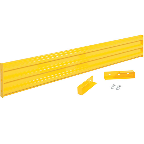 A yellow metal bar with screws for a Vestil 3 rib drop-in guard rail.