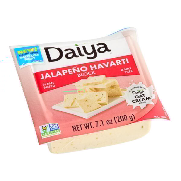 A package of Daiya Vegan Jalapeno Havarti cheese on a white background.
