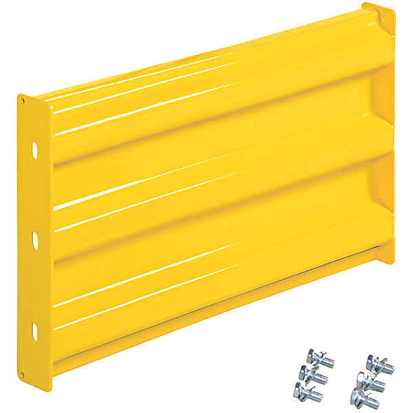 A yellow metal panel with screws and nuts.