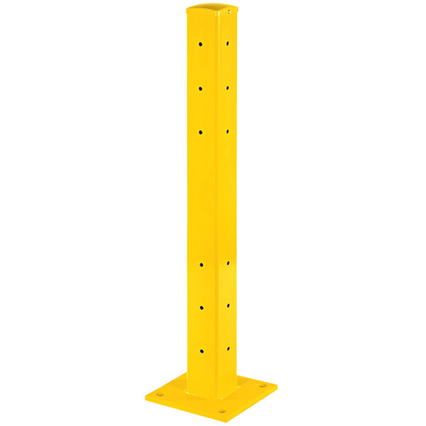 A yellow rectangular Vestil drop-in rail post with holes.