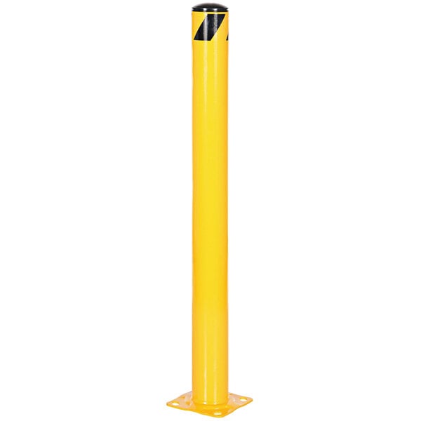 A yellow steel safety bollard.