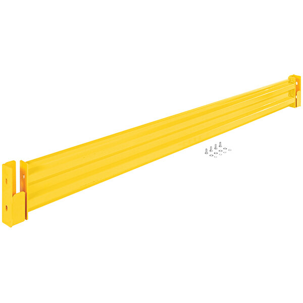 A yellow metal board with two yellow metal bars and screws.