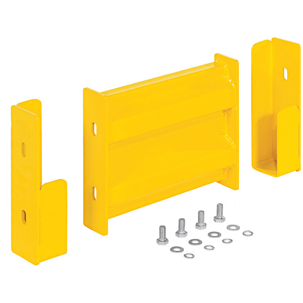 A yellow metal Vestil drop-in rail with screws and bolts.