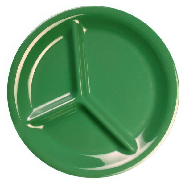 A green melamine plate with three compartments.