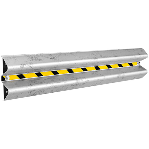 A close-up of a galvanized steel and yellow and black striped metal barrier.