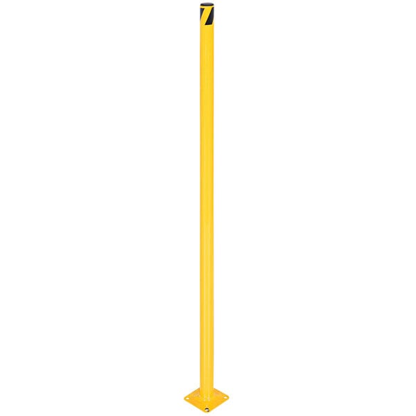 A yellow cylindrical steel safety bollard with a black top and base.