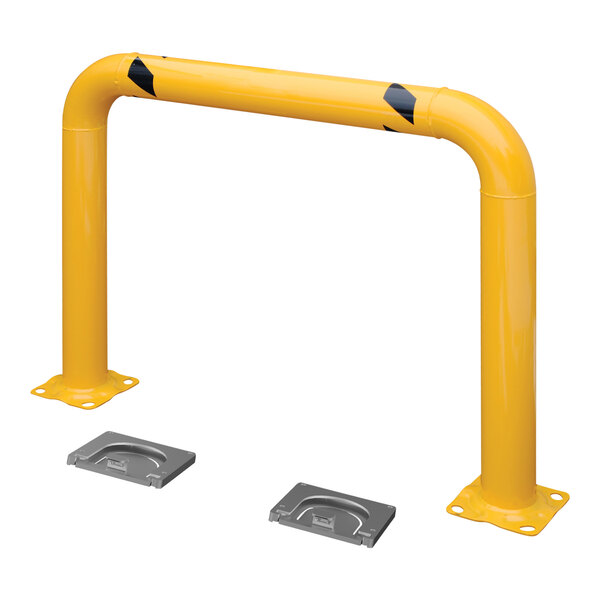 A yellow metal Vestil removable machinery and rack guard with two metal plates.